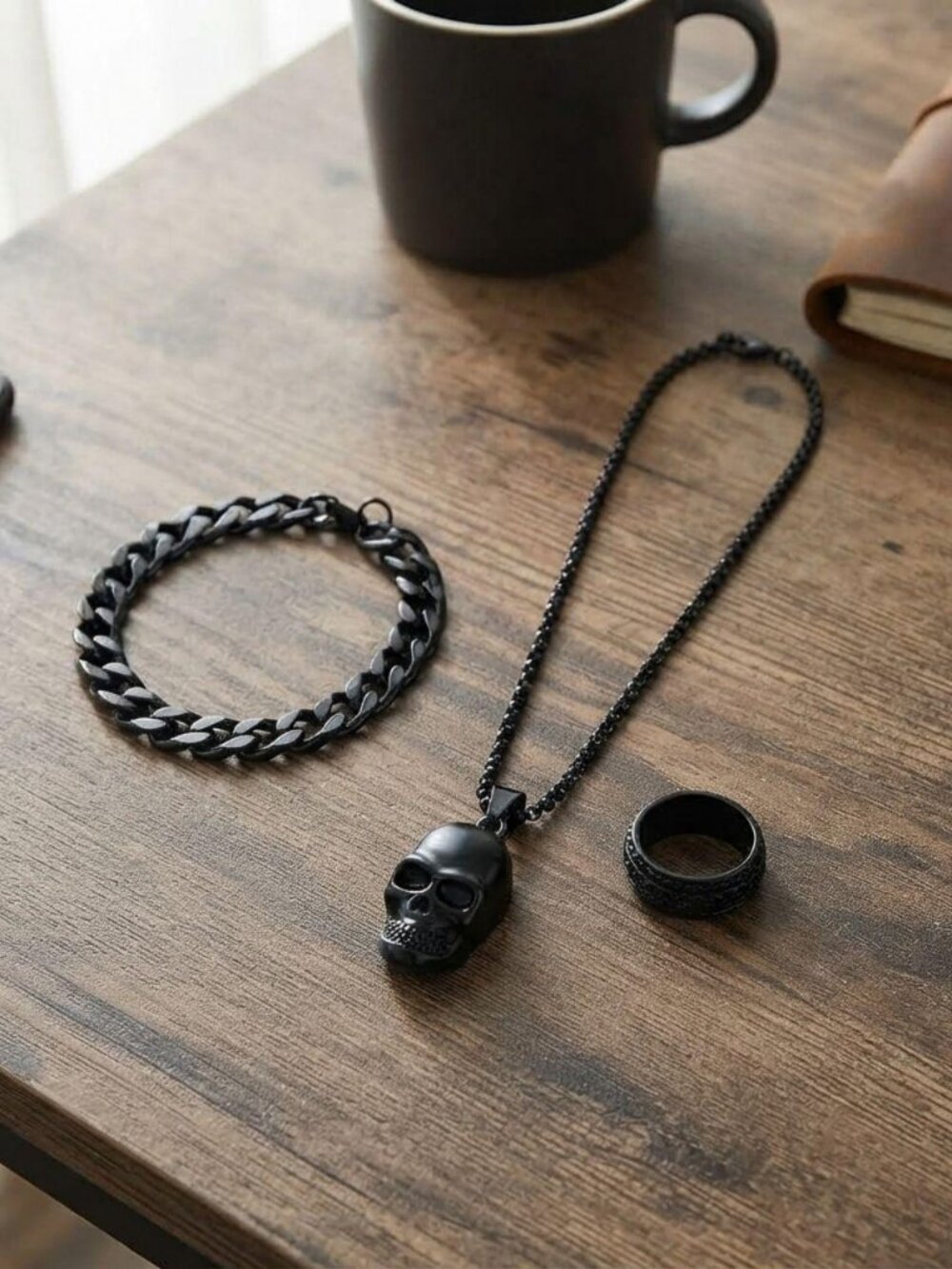 Mens black skull jewelry 3pcs set ring bracelet necklace